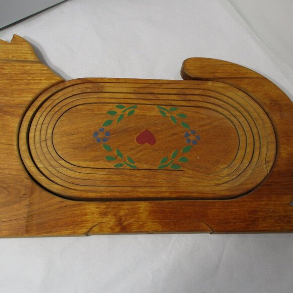 Vintage Folk Art Handcrafted Collapsible Wood Cat Shaped Wooden Basket Bowl - Picture 2 of 10